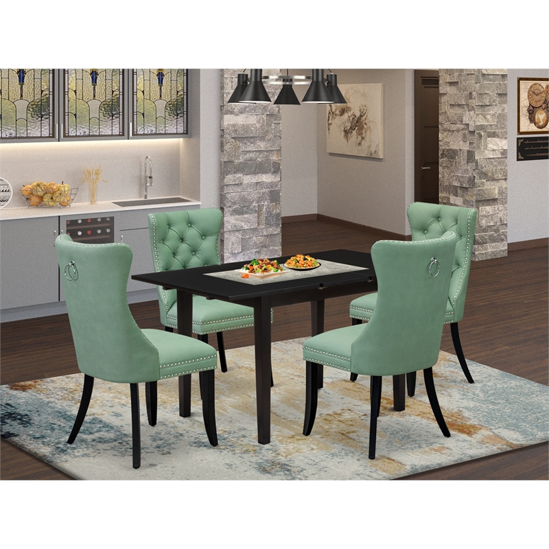 Pemberly Row 5-Piece Dining Set with Leaf Table in Black and Willow Green