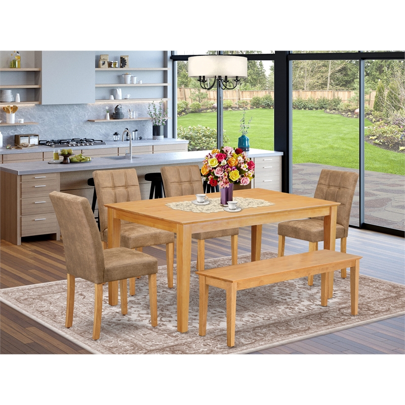 Pemberly Row 6-Piece Wood Dining Set with Oak Finish and Brown Upholstery