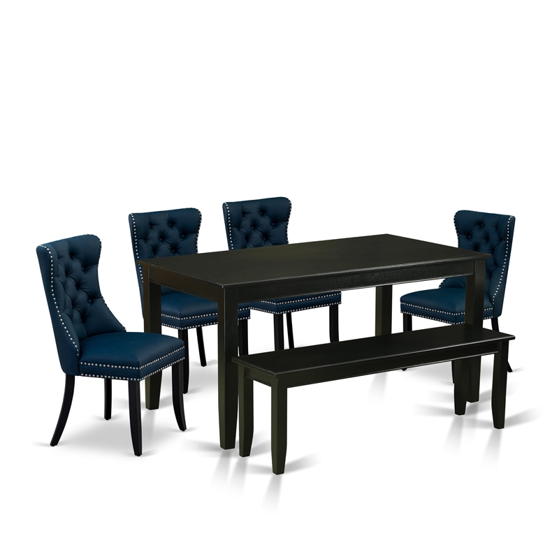Pemberly Row 6-Piece Dining Set in Black with Bench and Navy Blue Chairs