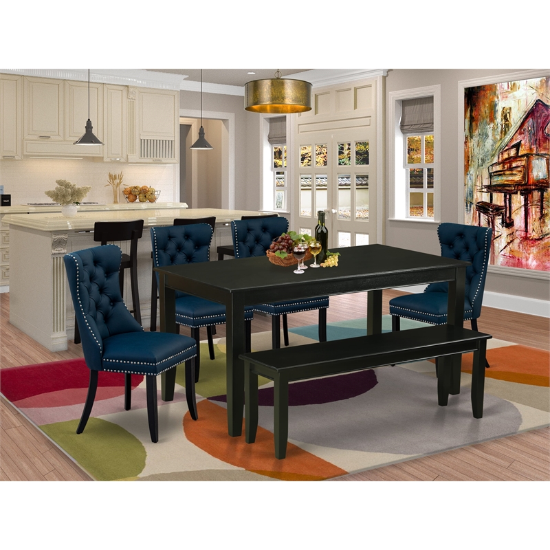 Pemberly Row 6-Piece Dining Set in Black with Bench and Navy Blue Chairs