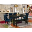 Pemberly Row 6-Piece Dining Set in Black with Bench and Navy Blue Chairs
