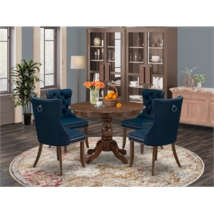 Pemberly Row 5-Piece Round Dining Set in Antique Walnut and Navy Blue