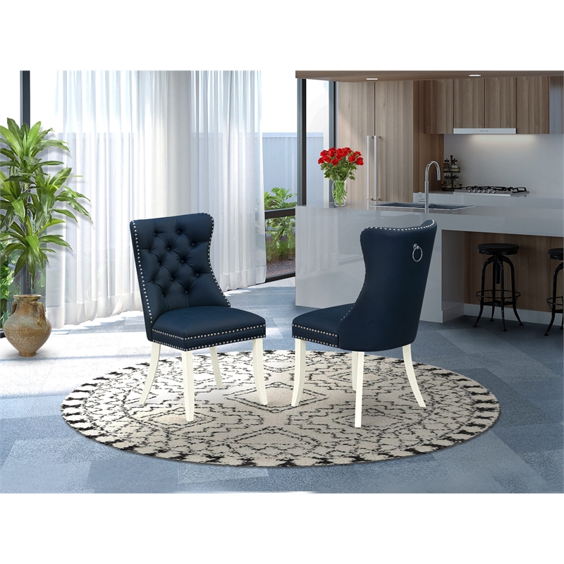 Pemberly Row Parson Dining Chair Set of 2 in Navy Blue Faux Leather