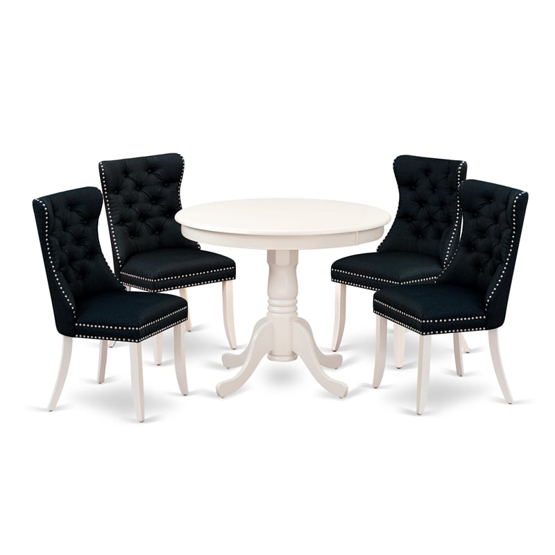 Pemberly Row 5-Piece Dining Set with Black Linen Fabric Chairs in White