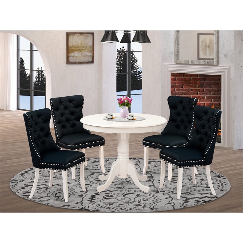 Pemberly Row 5-Piece Dining Set with Black Linen Fabric Chairs in White