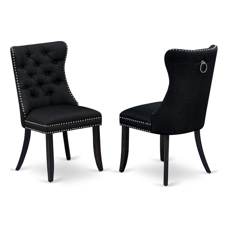 Pemberly Row Linen Fabric Parson Dining Chair in Black (Set of 2)