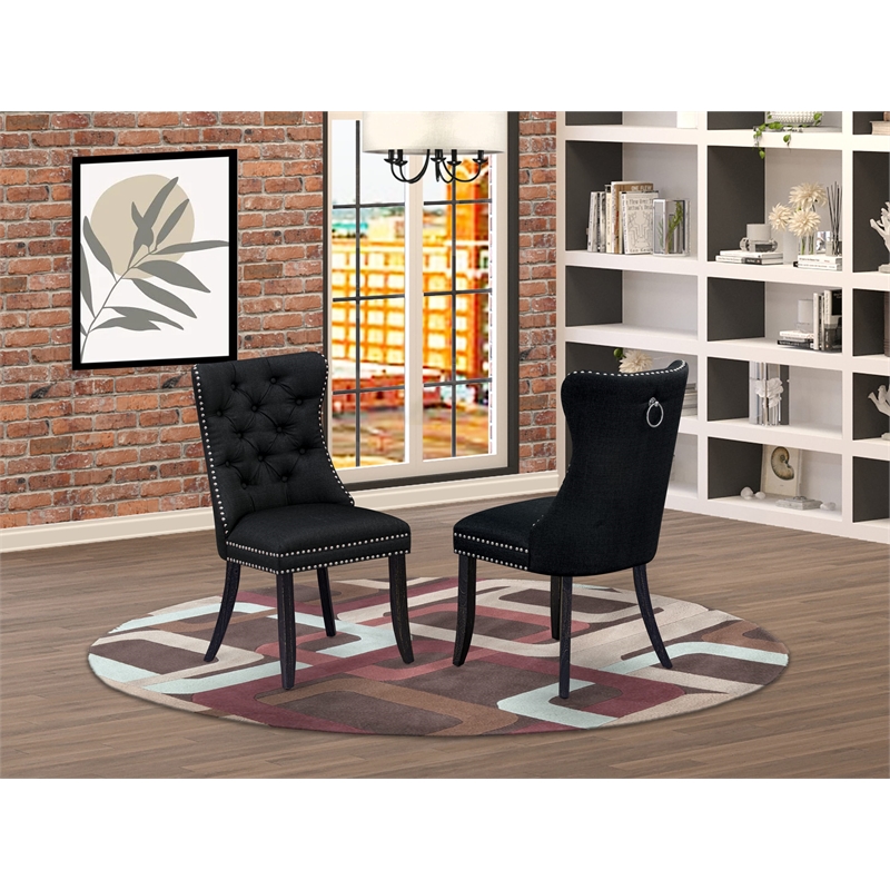 Pemberly Row Linen Fabric Parson Dining Chair in Black (Set of 2)