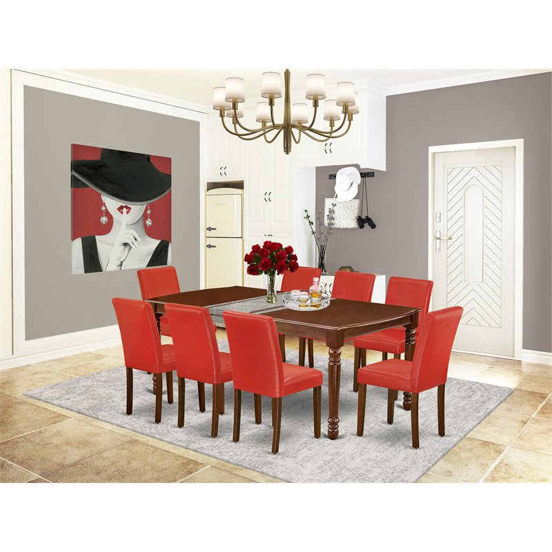 Pemberly Row 9-Piece Wood Dining Set with PU Leather Seats in Mahogany