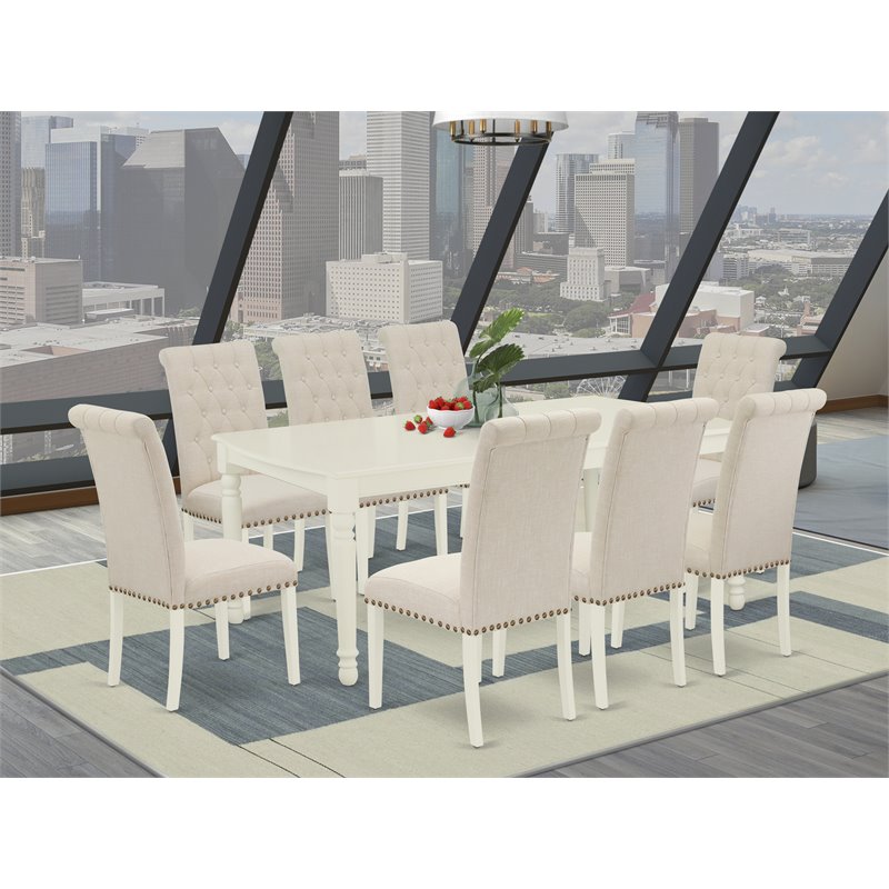 Pemberly Row 9-Piece Wood Dining Set with Fabric Upholstery in Linen White