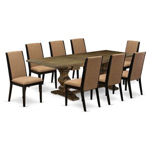 Pemberly Row 9-Piece Wood Dining Set in Distressed Jacobean with Fabric Chairs