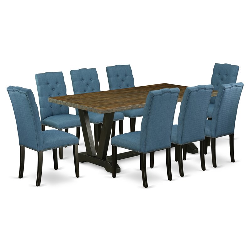 Pemberly Row 9-Piece Dining Table Set in Wire Brushed Black and Mineral Blue