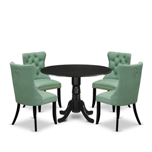 Pemberly Row 5-Piece Dining Table Set with Round Drop-Leaf in Black/Willow Green