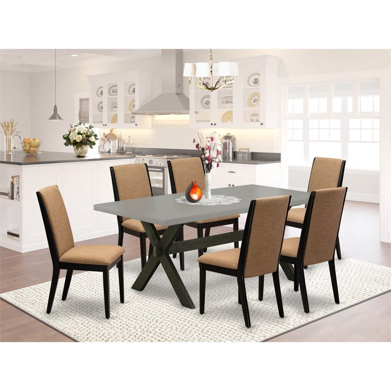 Pemberly Row 7-Piece Wood Dining Set in Black with Sable Fabric Seats