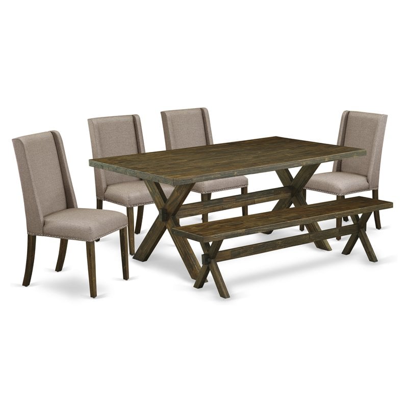 Pemberly Row 6-Piece Wood Kitchen Table Set in Jacobean Brown & Khaki