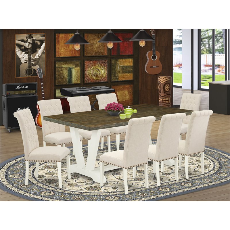 Pemberly Row 9-Piece Wood Dining Set with Beige Upholstery in Linen White
