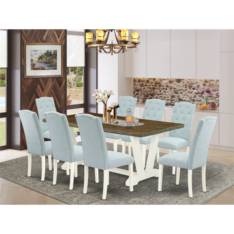 Pemberly Row 9-Piece Wood Dining Set with Blue Upholstery in Linen White