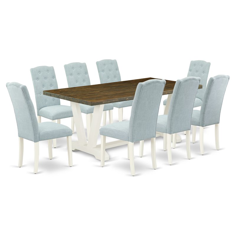 Pemberly Row 9-Piece Wood Dining Set with Blue Upholstery in Linen White