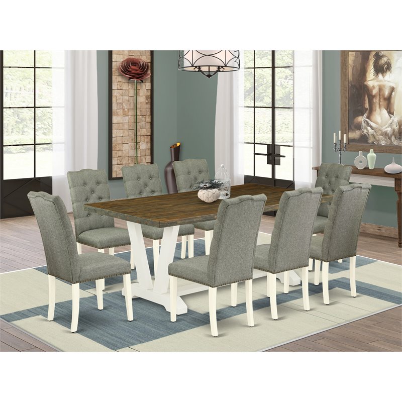 Pemberly Row 9-Piece Wood Dining Set with Smoke Upholstery in Linen White Finish