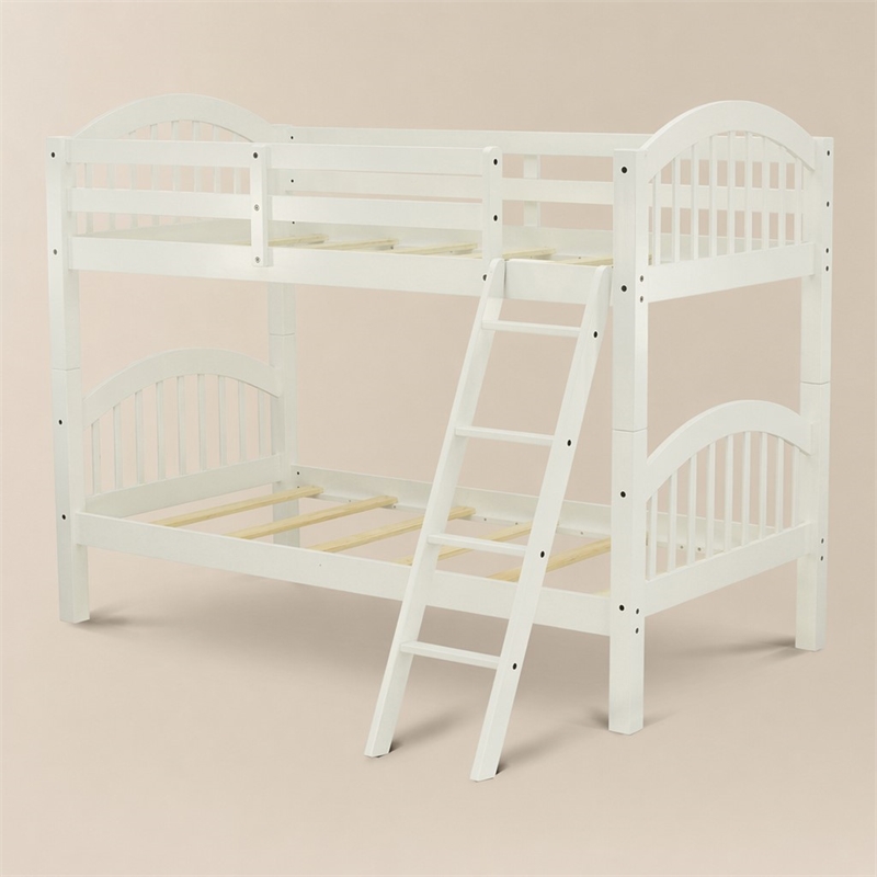 Pemberly Row Twin Bunk Bed with Guardrails and Ladder in White Finish