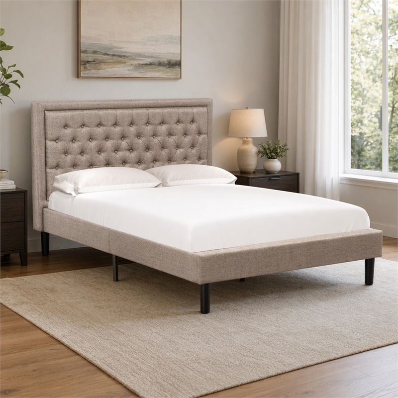 Pemberly Row Platform Queen Bed with Panel Headboard in Dark Khaki
