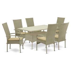 Pemberly Row 7-Piece Wicker Patio Set with Acacia Wood Table in Brown