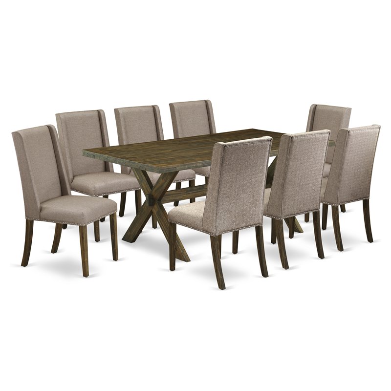 Pemberly Row 9-Piece X-Leg Rubber Wood Dining Set in Dark Khaki Finish
