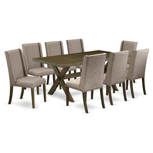 Pemberly Row 9-Piece X-Leg Rubber Wood Dining Set in Dark Khaki Finish