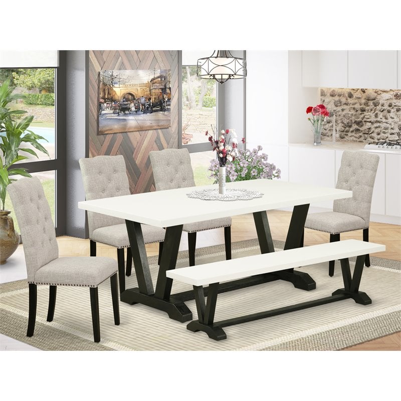 Pemberly Row 6-Piece Wood Dining Set with Bench in White/Doeskin/Black