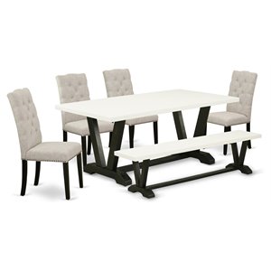 pemberly row 6-piece wood dining set with bench in white/doeskin/black