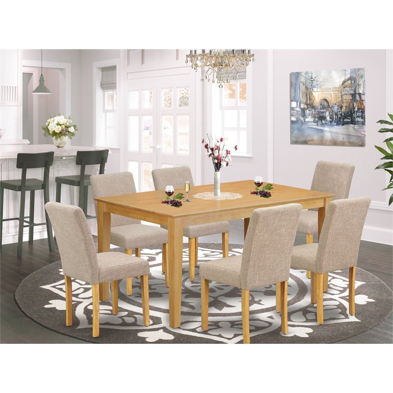 Pemberly Row 7-Piece Wood Dining Set in Oak and Light Fawn Fabric