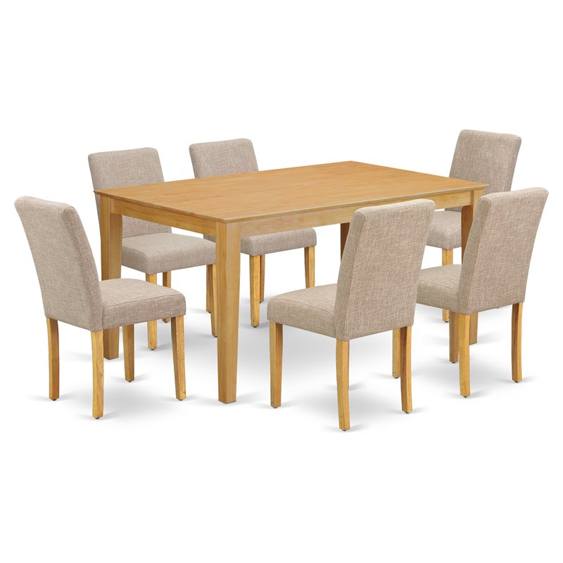 Pemberly Row 7-Piece Wood Dining Set in Oak and Light Fawn Fabric