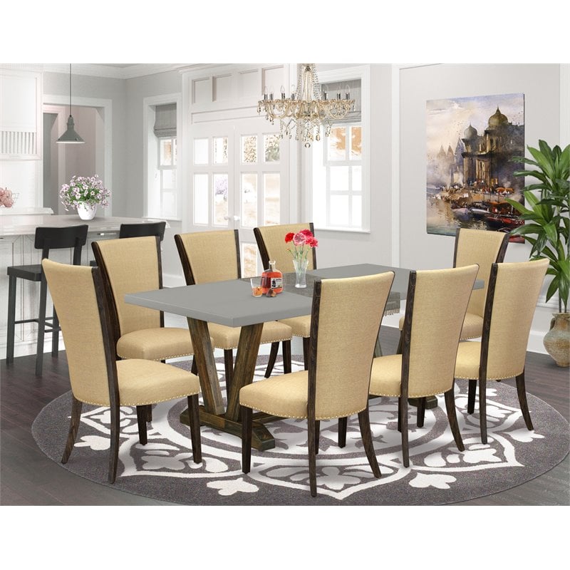 Pemberly Row 9-Piece Dining Set with Acacia Wood and Linen Upholstery