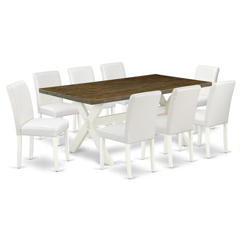 Pemberly Row 9-Piece Dining Room Set in White PU Leather and Linen White