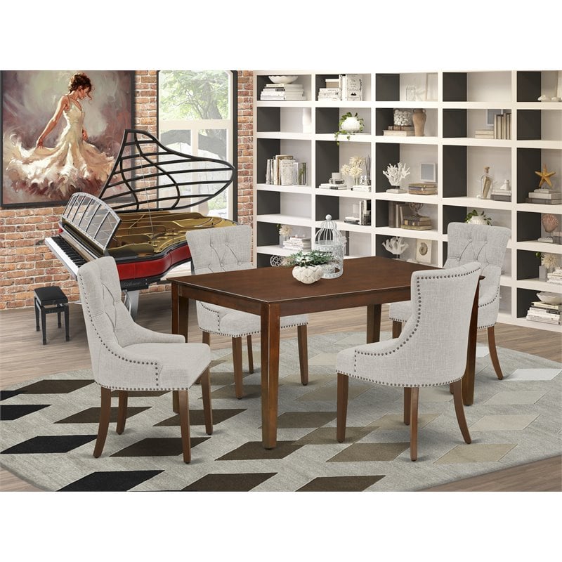 Pemberly Row 5-Piece Rubberwood Dining Set with Linen Chairs in Mahogany