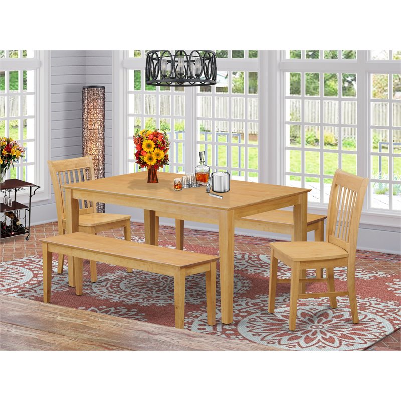 Pemberly Row 5-Piece Wood Dining Set with Wooden Benches in Oak Finish