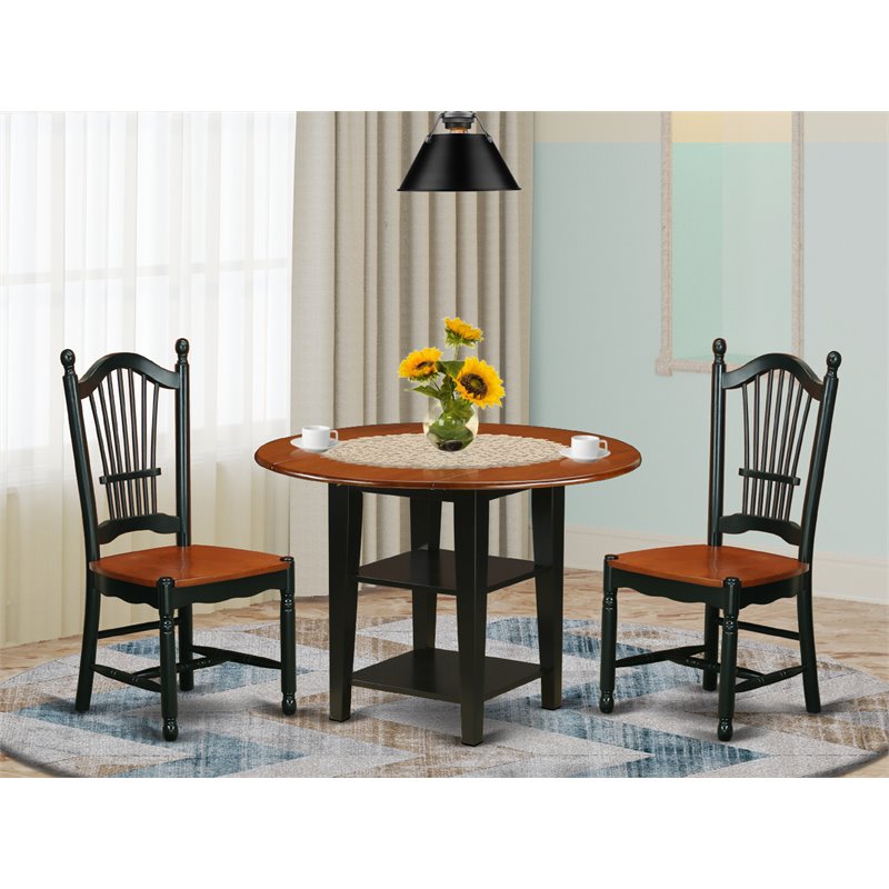 Pemberly Row 3-Piece Drop Leaf Dining Set with Wood Chairs in Black