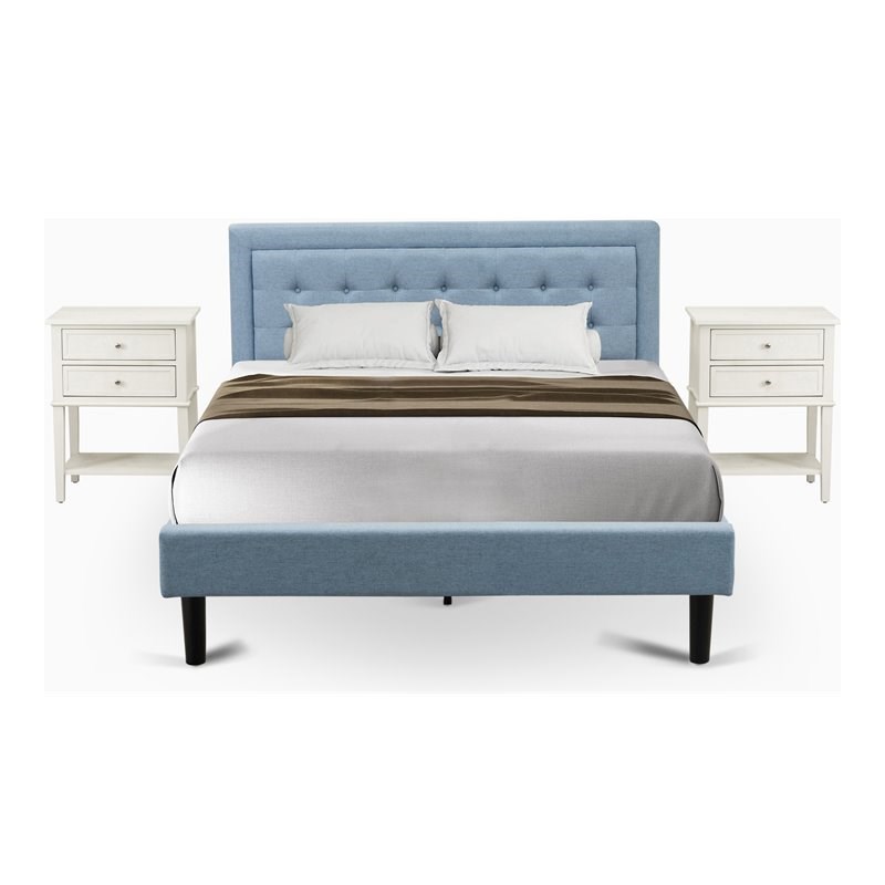 Pemberly Row 3-Piece Wood Queen Bedroom Set in Denim Blue Fabric