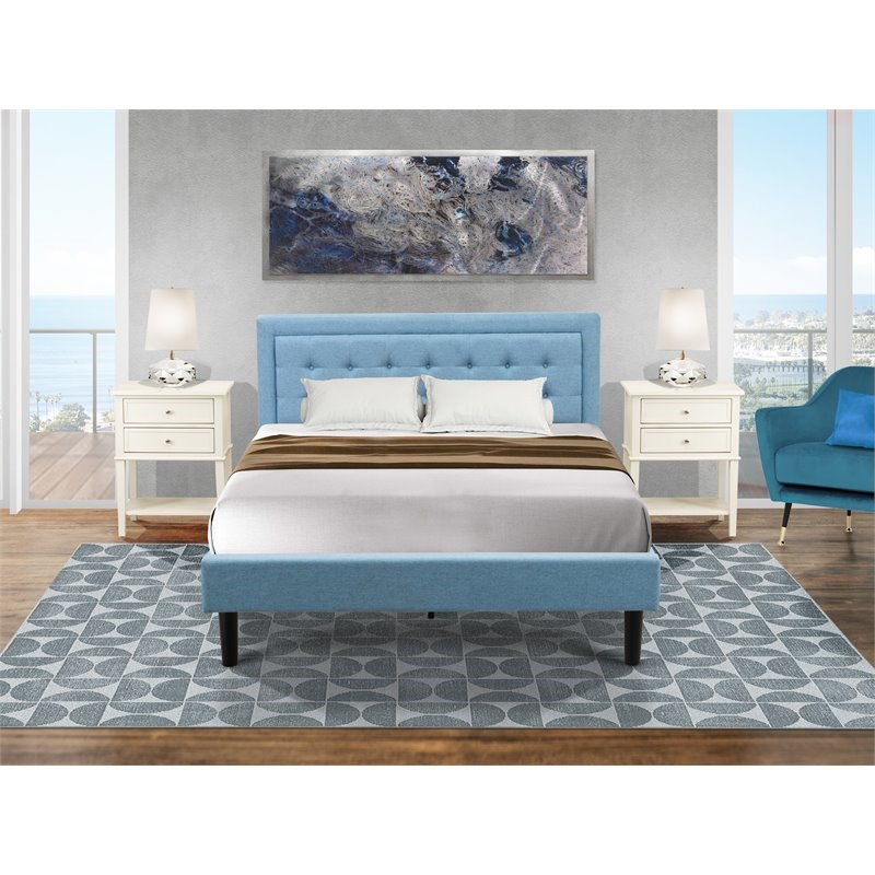 Pemberly Row 3-Piece Wood Queen Bedroom Set in Denim Blue Fabric