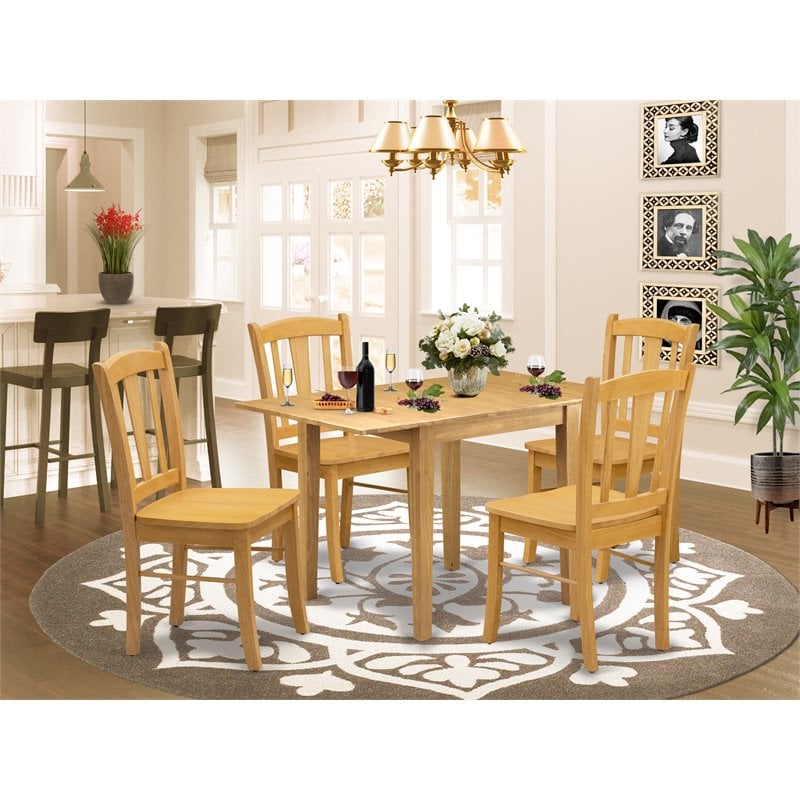 Pemberly Row Norden 5-Piece Oak Wood Dining Table Set with Drop Leaves