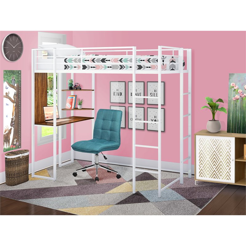 Pemberly Row Metal Twin Loft Bed with Desk in White Finish