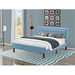 Pemberly Row King Size Panel Bed Upholstered in Denim Blue Engineered Wood
