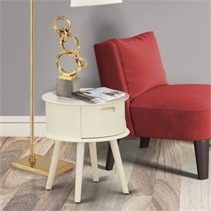 Pemberly Row 19&quot Round Rubberwood Nightstand with Drawer in White