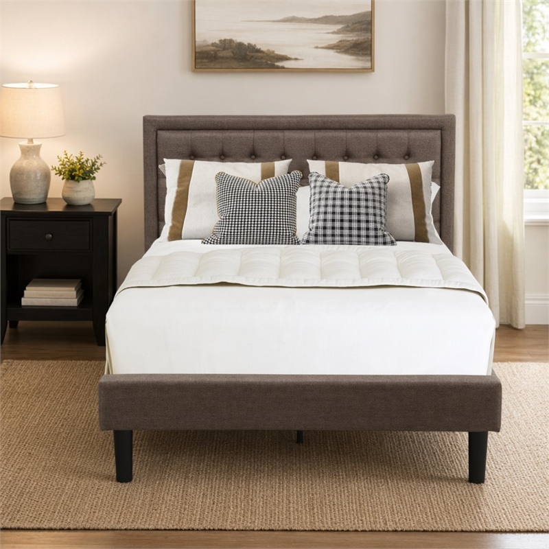 Pemberly Row 2-Piece Full Bedroom Set Fabric Headboard Brown Jacobean