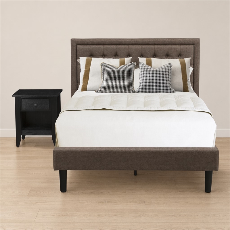 Pemberly Row 2-Piece Full Bedroom Set Fabric Headboard Brown Jacobean