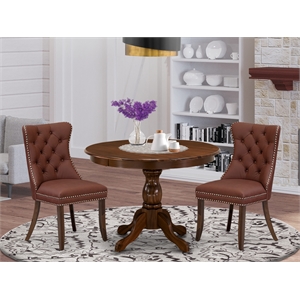 Pemberly Row 3-Piece Kitchen Table Set in Burgundy Upholstered Antique Walnut