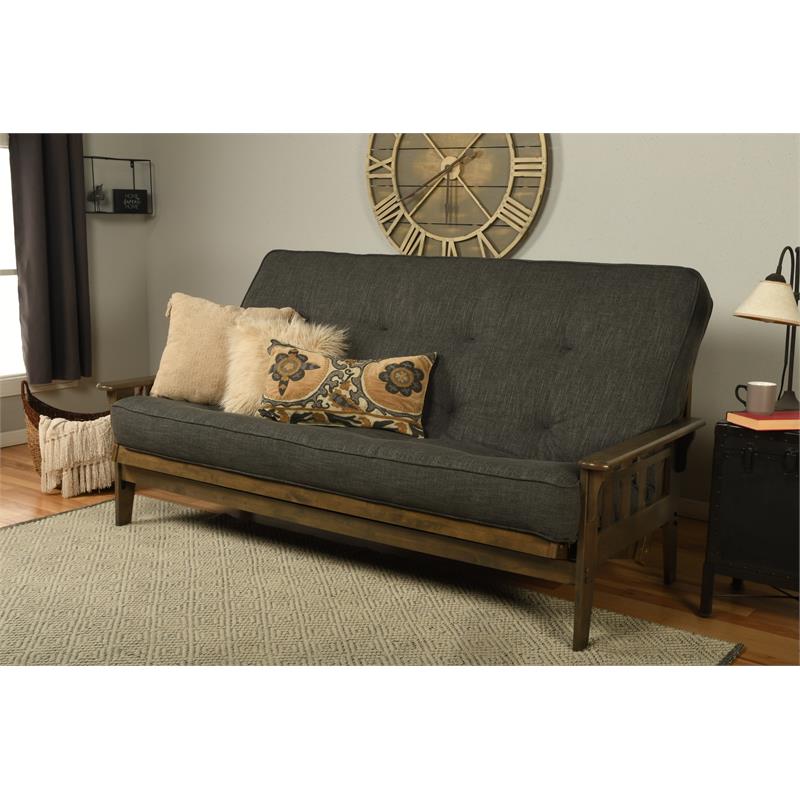 Pemberly Row Tucson Queen Wood Futon with Linen Charcoal Mattress