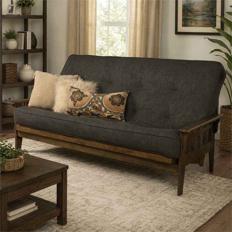 Pemberly Row Tucson Queen Wood Futon with Linen Charcoal Mattress