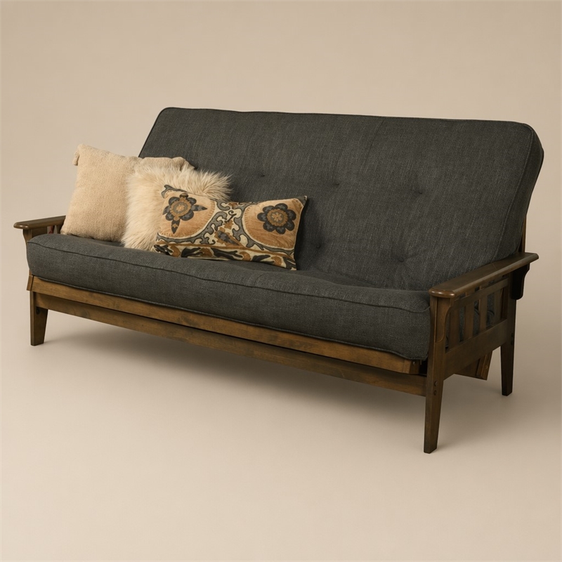 Pemberly Row Tucson Queen Wood Futon with Linen Charcoal Mattress
