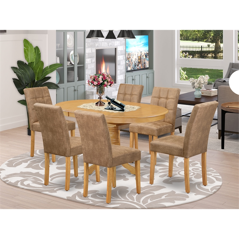 Pemberly Row 7-Piece Oval Butterfly Dining Set in Oak and Brown Faux Leather
