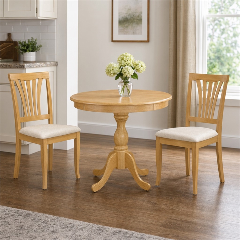 Pemberly Row Antique 3-Piece Dining Room Set with Oak Finish and Fabric Seats